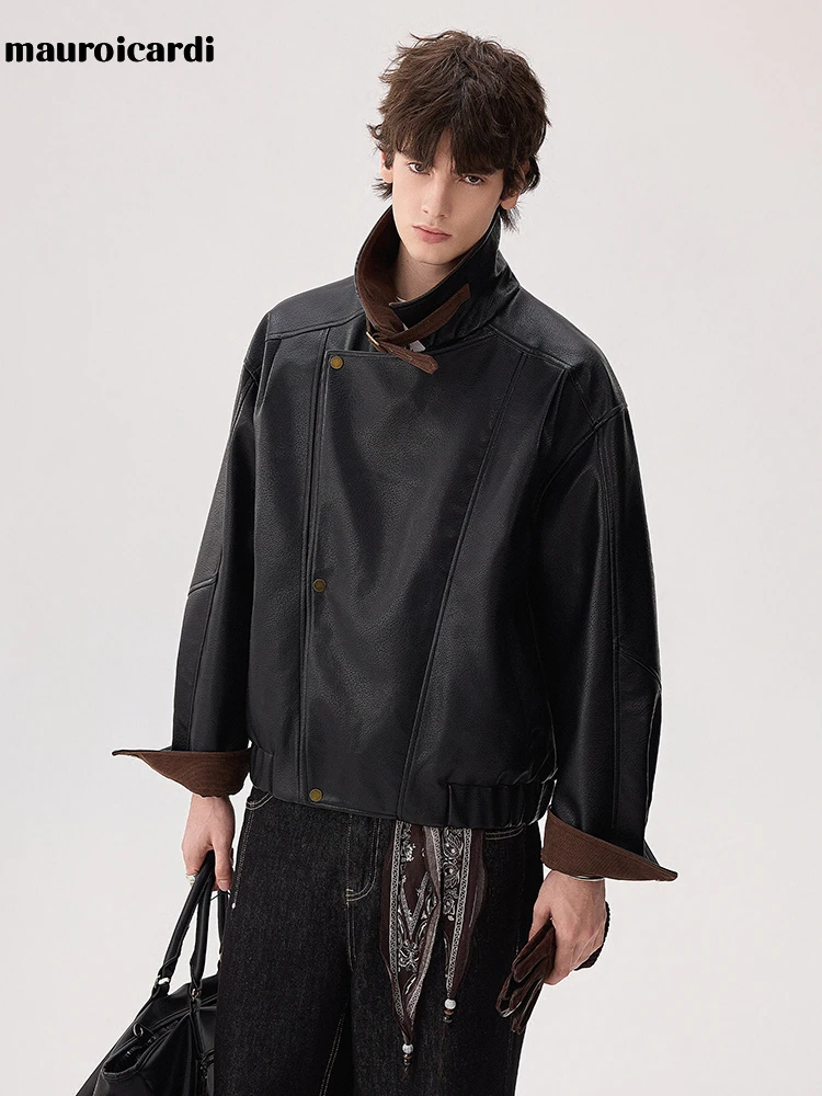 Mauroicardi Spring Autumn Short Corduroy Patchwork Pu Leather Motorcycle Biker Jacket Men Luxury Designer Menswear Clothes 2026 4 Mauroicardi Spring Autumn Short Corduroy Patchwork Pu Leather Motorcycle Biker Jacket Men Luxury Designer Menswear Clothes 2026 4