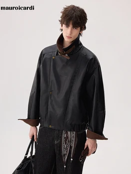 Men's Patchwork Corduroy and PU Leather Biker Jacket 4 Mauroicardi Spring Autumn Short Corduroy Patchwork Pu Leather Motorcycle Biker Jacket Men Luxury Designer Menswear Clothes 2026 4