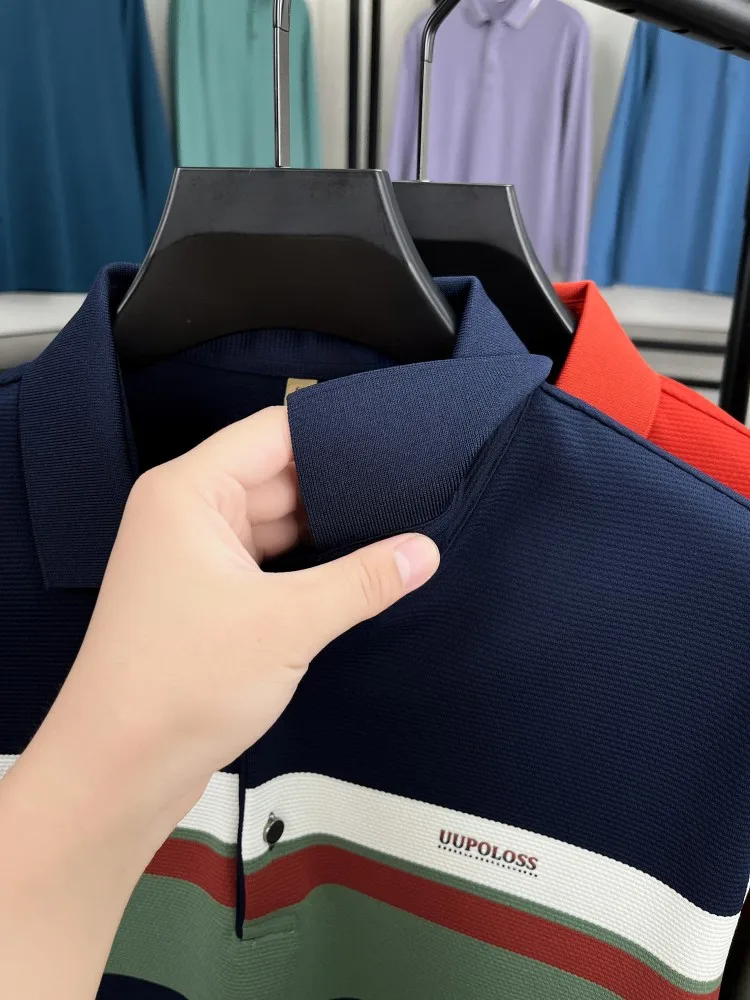 الموضة الكلاسيكية مخطط كم طويل قميص بولو الرجال العلامة التجارية الفاخرة رسالة مطبوعة الأعمال عادية ربيع الخريف جديد التلبيب تي شيرت