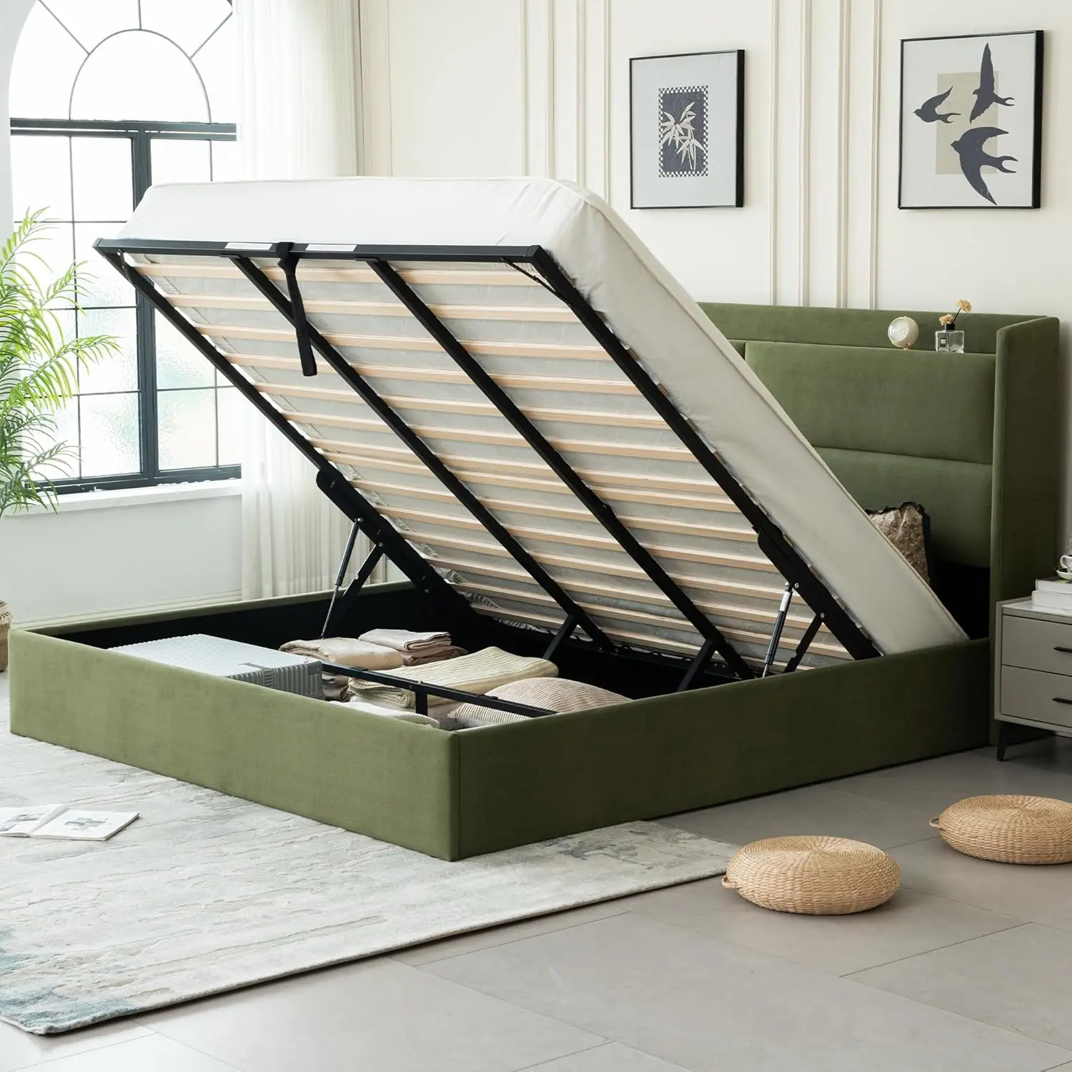 

Кровать размера «King-size» с обивкой, гидравлическим подъемным механизмом для хранения, квадратным изголовьем с бортиками, деревянными ламелями, бесшумная, на заказ