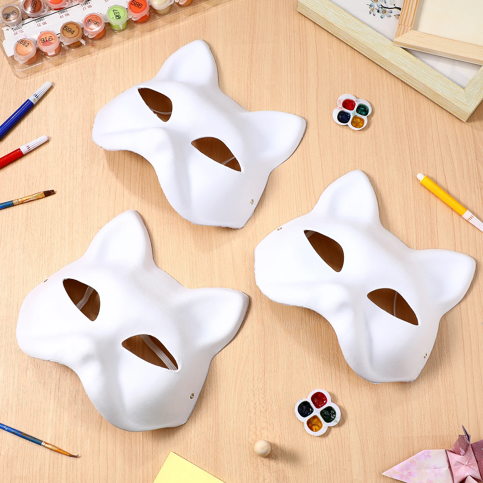 

3pcs White Cat Face Mask Diy Hand Painted Blank Mask Children's Kindergarten Halloween Masquerade Costume Cosplay Accessory