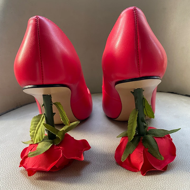 Leather Flower Heel Pumps Sexy Pointed Toe Shallow Strange Style Thin Heel Real Picture Red Black Women Autumn Pumps