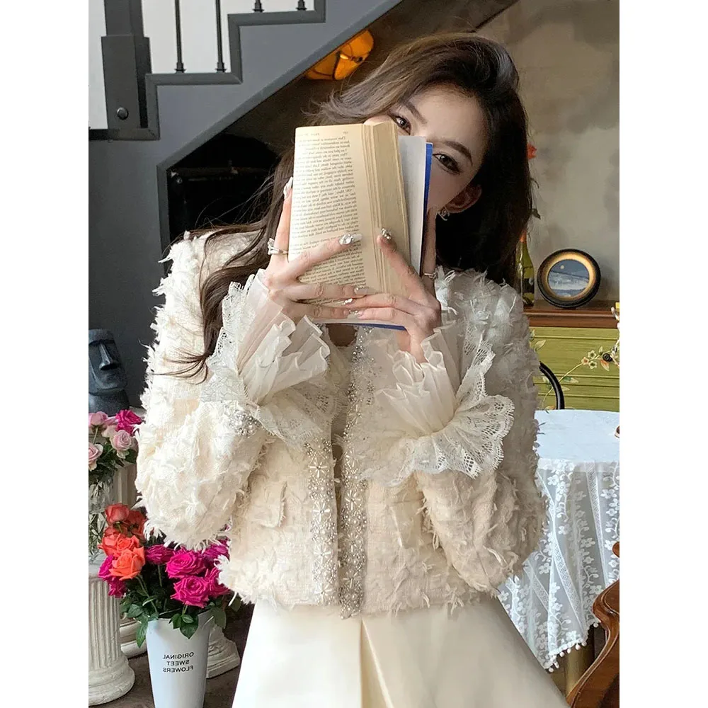 New Women Retro Elegant Red Plaid Office Jacket Coat Autumn Slim Lady Tassel Pearl Metal Single-Breasted Tweed Short Tops Coat