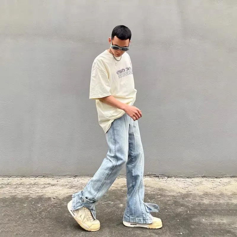 

Zipper Button Jeans Straight Leg Slimming Vibe Men's High Street Side Slit American Blue Jeans Teenage Polyester Fiber