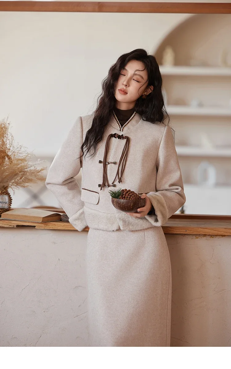 Новинка 2024 года, женские комплекты с юбкой в китайском стиле, новинка зимы 2024, нежная твидовая куртка, юбка средней длины, комплекты из двух предметов MXD55T0441