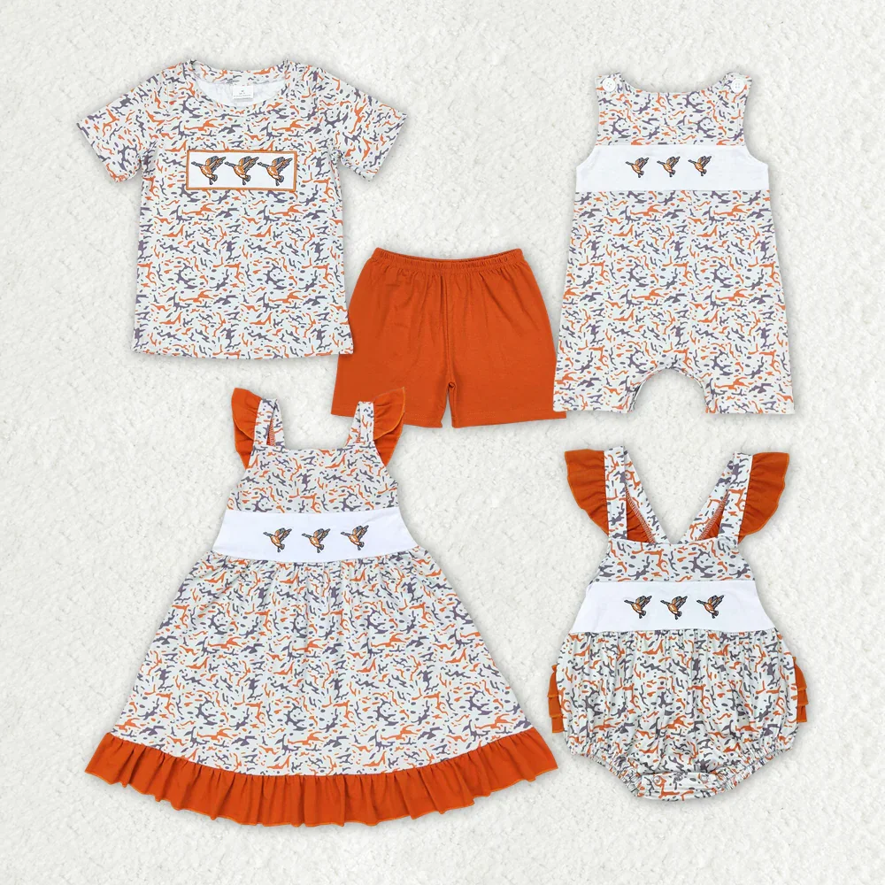 BSSO0952 Wholesale Mtahcing baby boy clothes Embroidered duck short-sleeved shorts sets Summer Boutique toddler girls dresses