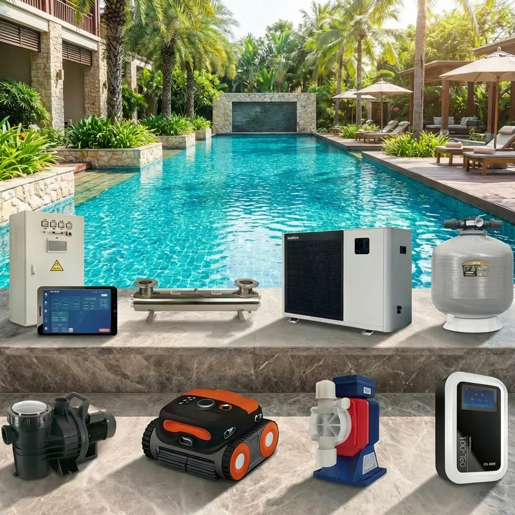 Outdoor Villa Swimming  Pool Heating and Water Treatment System  Includes Pool Heat Pump Sand Filter Pool Pump