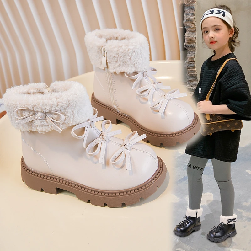 

Girls Fashion Padded Boots 2-18 Years Old Beige Bow Thickened Warm Children's Cotton Shoes Black Hundred Kids Baby Leather Boots