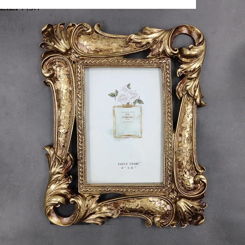 6 Inch Resin Photo Frame Classical Floral Texture Family Portrait Nightstand Desktop Golden Picture Frames Vintage Home Decor