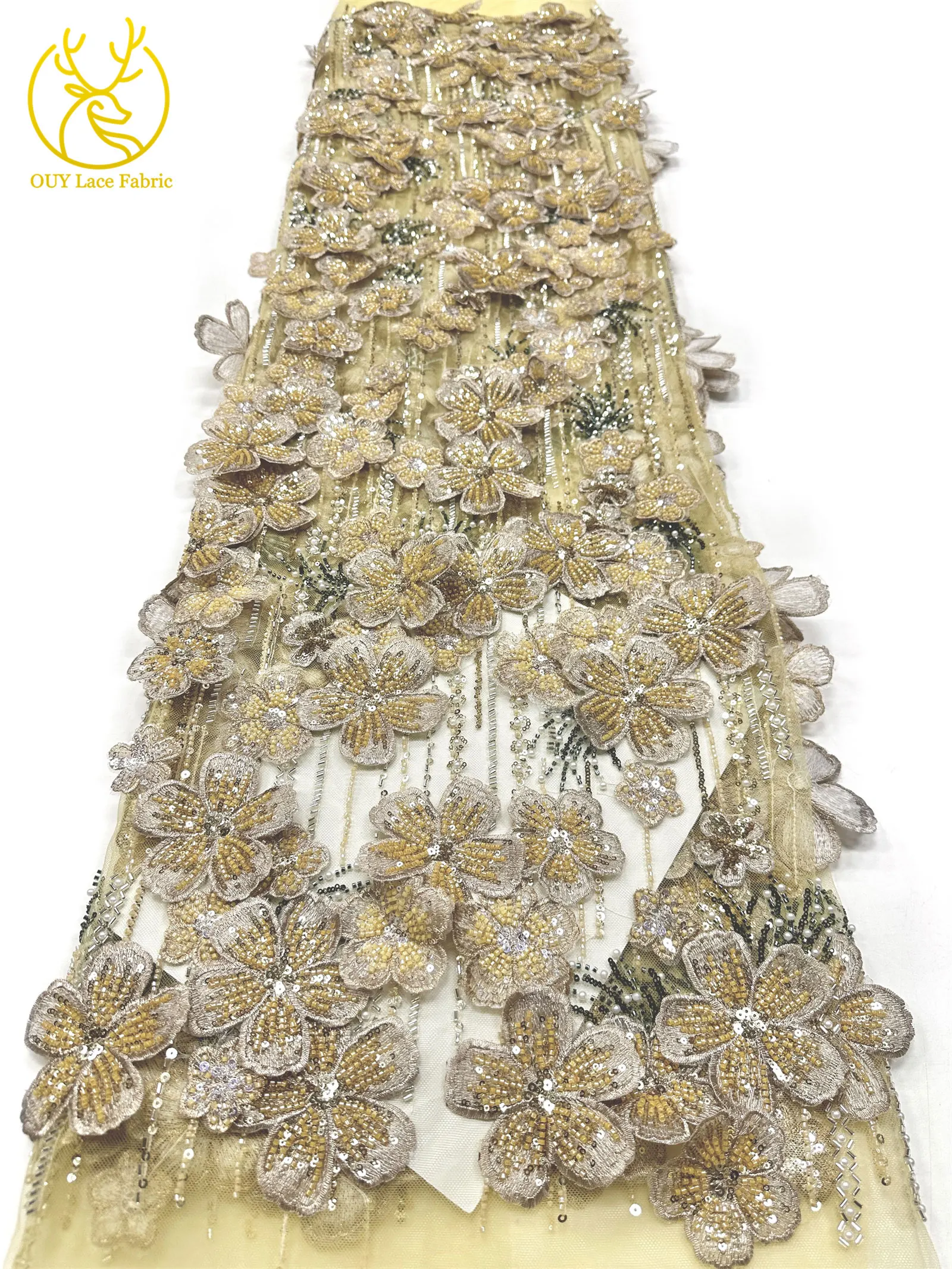 Maßgefertigter Luxus 3D Handbestickter Blumen-Spitzenstoff Hochwertige Afrikanische Perlen-Pailletten-Spitze für Hochzeitskleider und Näharbeiten – Detail 15