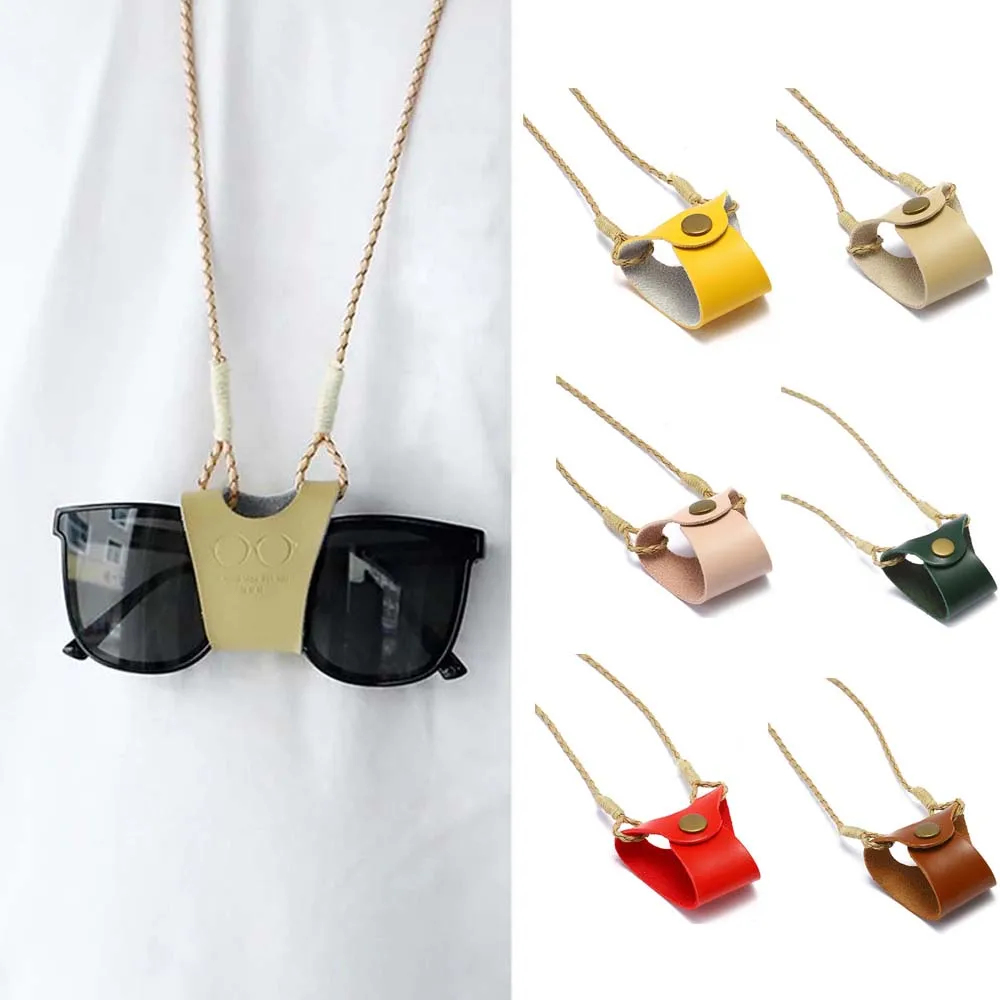 Anti-lost Fashion Men Leather Glasses Protection Cover Hanging Neck Clip Mini Glasses Bags Eyewear Cases Glasses Lanyard