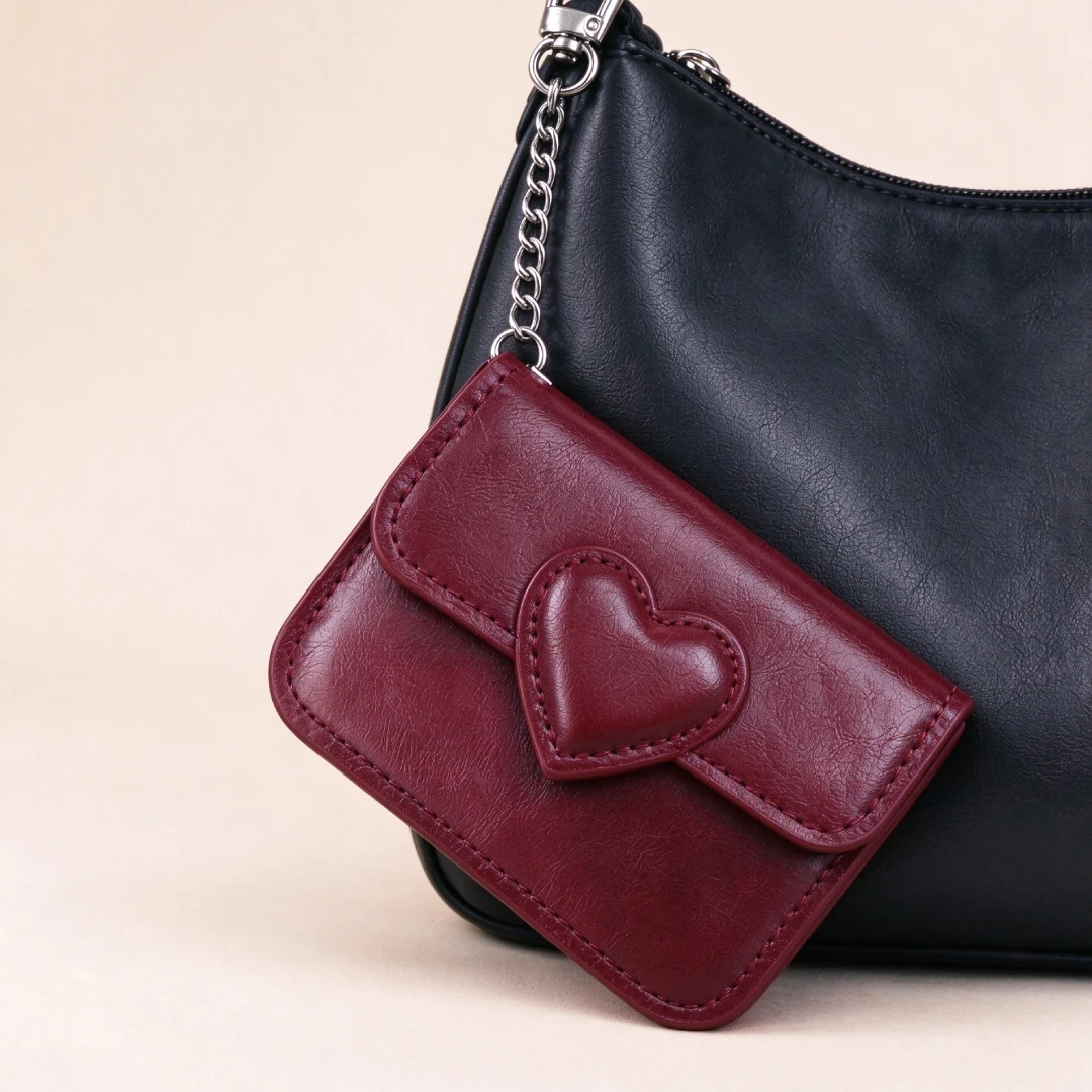 Vintage Wallet with Keychain PU Card Holder Cute Heart Shaped Mini Purse Small Pouch Multi-card Travel Cash Storage Coin Bag