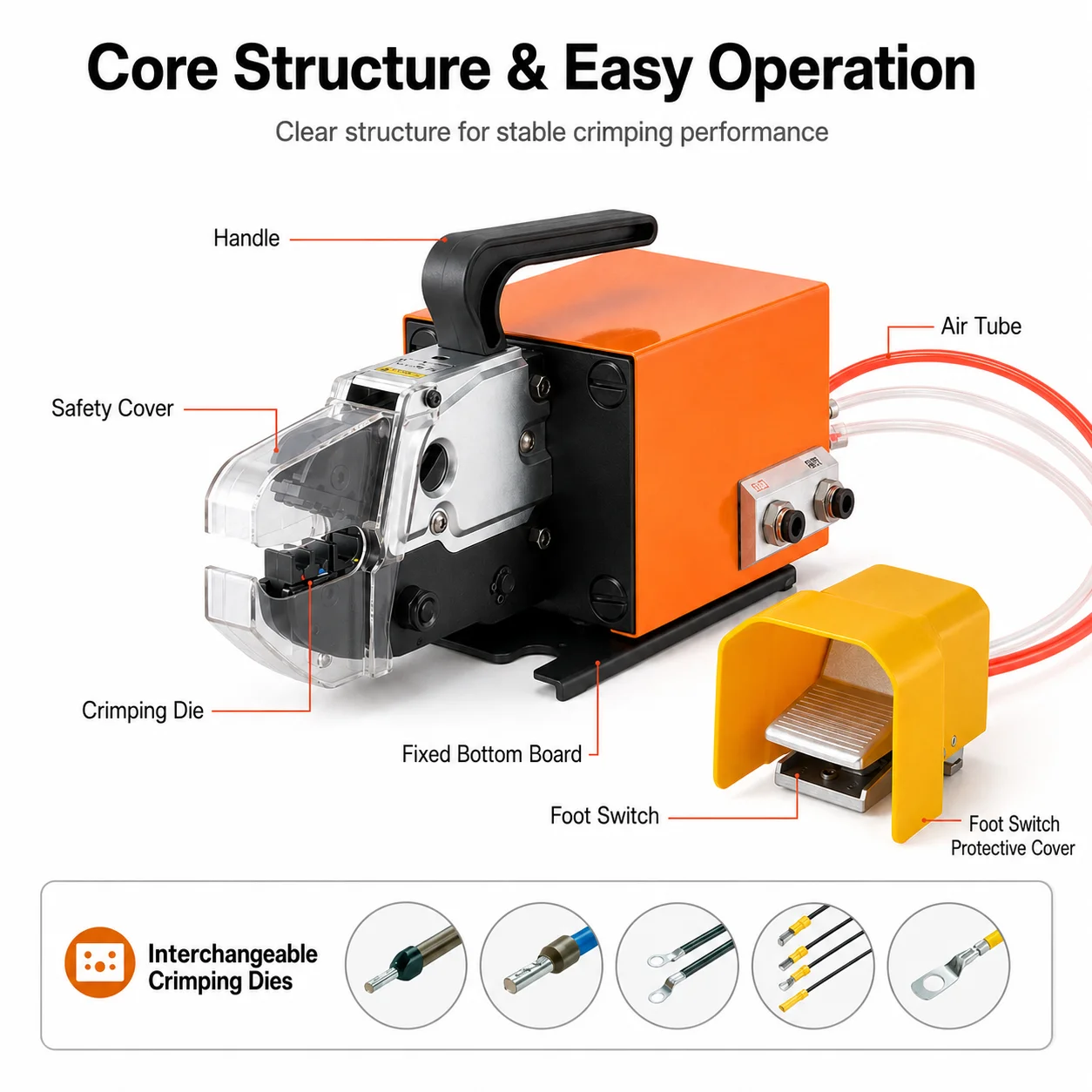 SQ-AM10 Portable  Terminal Crimping Machine Air Driven Wire Harness Crimper Interchangeable Dies Foot Switch Control