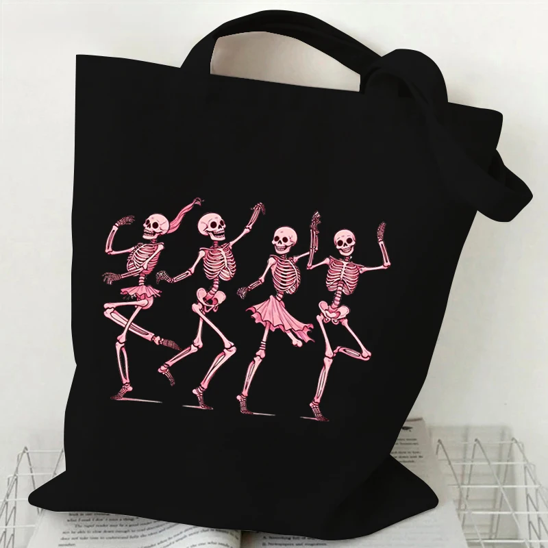 Dancing Skeleton Pattern Canvas Shoulder Bag Unisex Pumpkin Ghost Drinking Coffee Pattern Handbag Funny Halloween Women Tote Bag