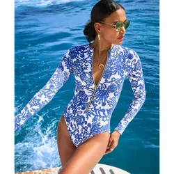 Bañador de manga larga para mujer, traje de baño de una pieza con cremallera, color azul y blanco, ropa de playa de lujo para surfear, venta al por mayor, 2024