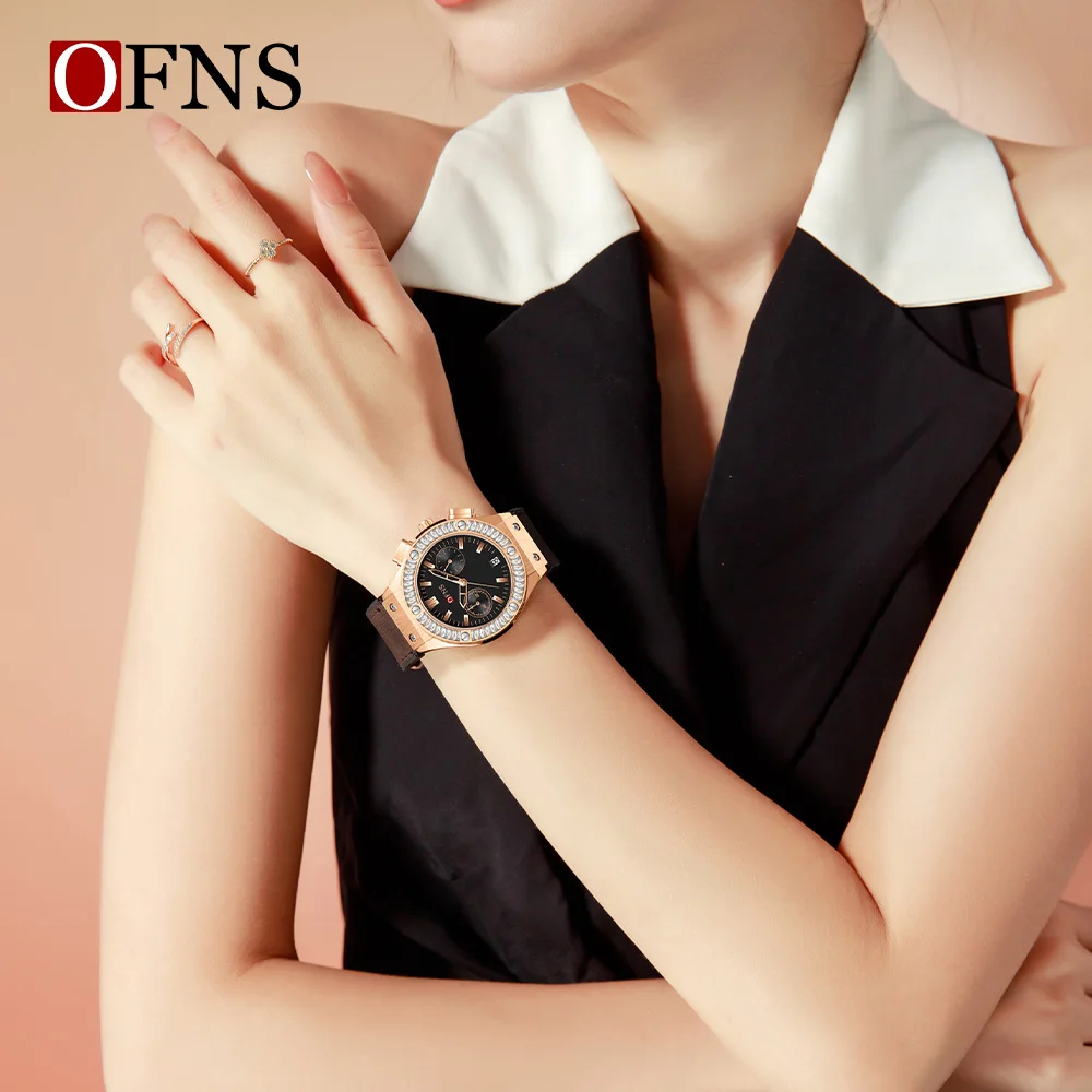OFNS ماركة 1530 ساعة كوارتز نسائية جديدة متعددة الوظائف مقاومة للماء بتقويم بسيط للأعمال ساعة كوارتز نسائية