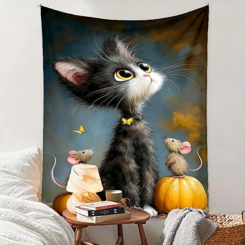 1PC Black White Cat Mouse Art Print Backdrop Banner, Bedroom Living Room Photo Background, Polyester, Home Decor, Wall Art