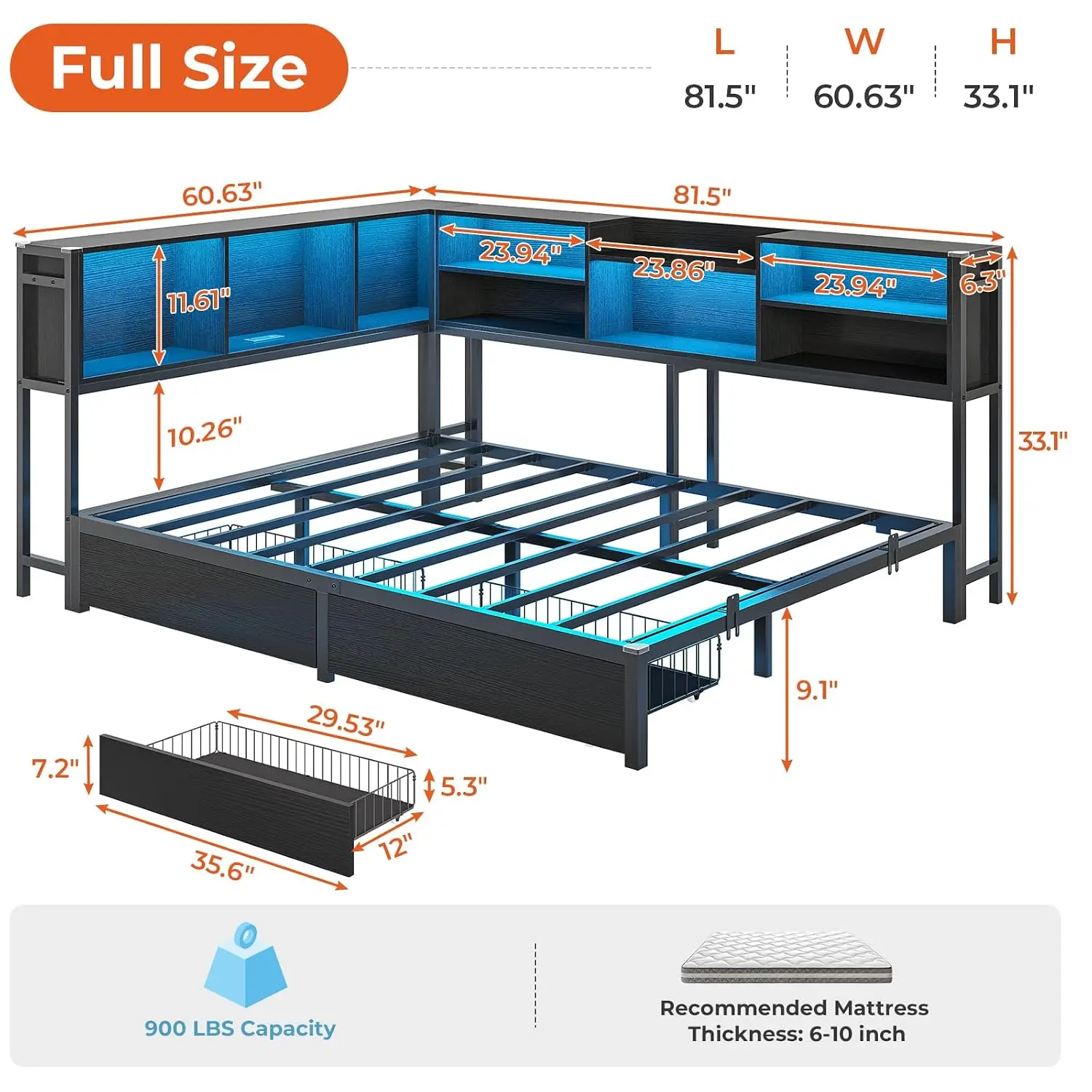 Full Corner Bed Frame Storage Bookcase & LED Lights Metal Platform 2 Drawers Charging Station Daybed Kids Teen Adult, Customized
