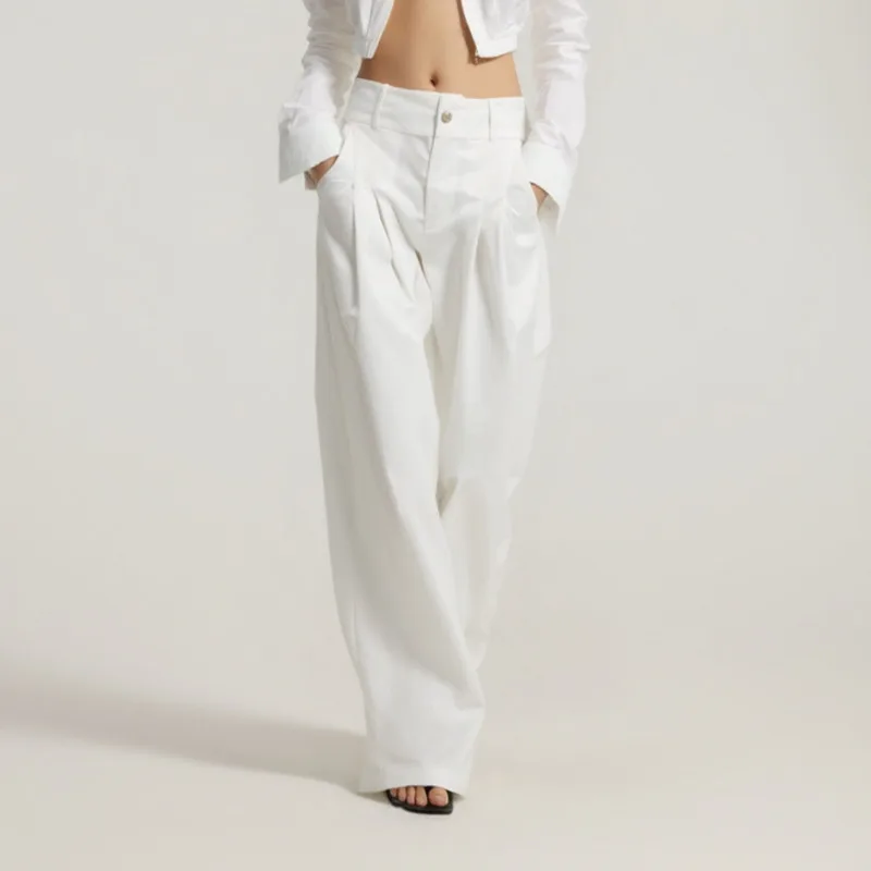 HKSH Autunno Nuove Donne Pantaloni a Gamba Larga di Colore Solido Pieghettato A Vita Alta Temperamento Alla Moda Office Lady Elegante Ins Bottoms HK11645