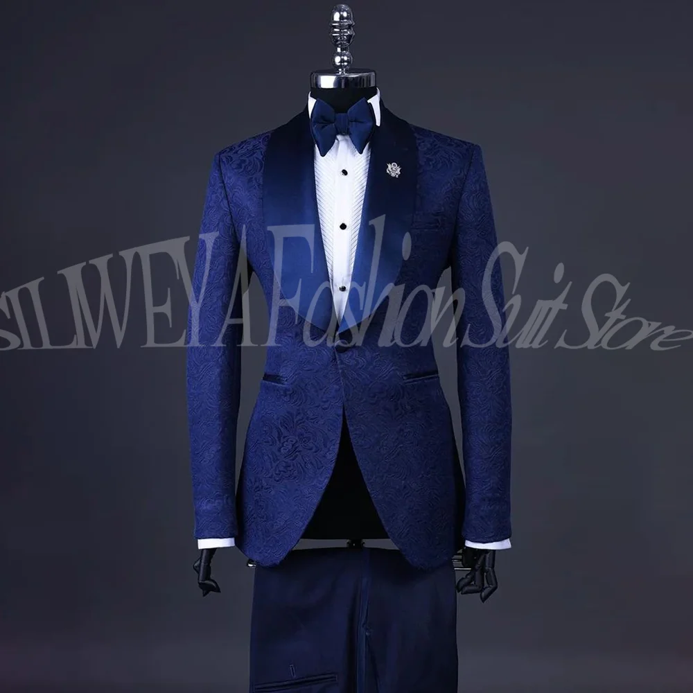 

Luxury Blue Jacquard High-end Men Suit 2 Pieces Jacket Pants Business Casual Banquet Custom Blazer Set Traje De Hombre Elegante