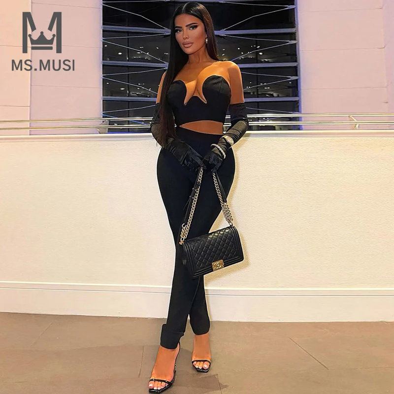 

MSMUSI 2023 New Fashion Women Sexy Strapless Three Piece Set Bodycon Party Sleeveless Top Pencil Long Pant Set Suit With Glove