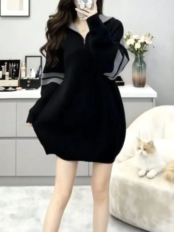 

plus Size Autumn Winter Lazy Sle Bla f Zip Knitted Dr Women Slimming Versatile Concealing Meat Personali Sweater ...