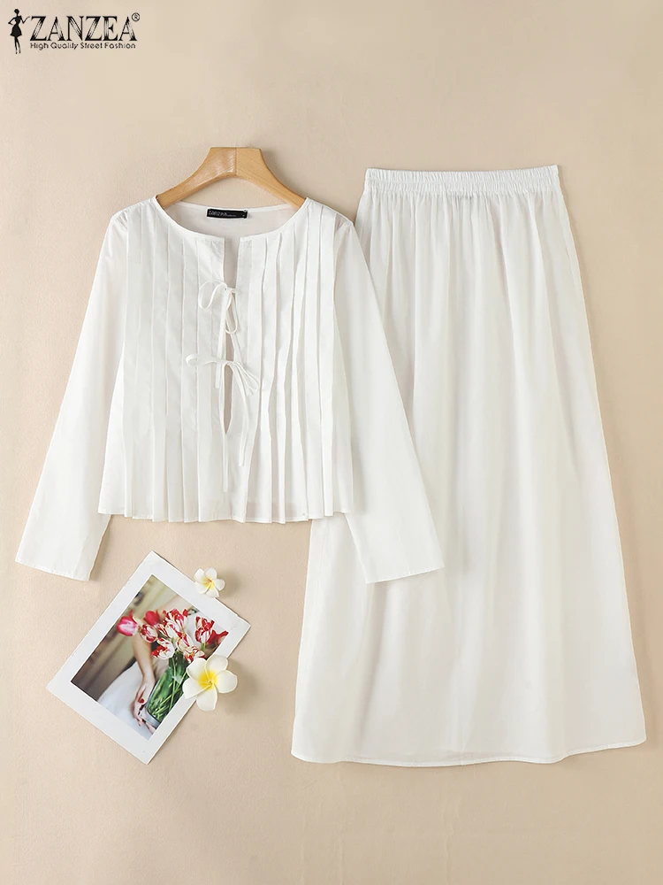 

ZANZEA 2025 Осенние женские комплекты из 2 предметов с юбкой, легкие модные топы с длинными рукавами и завязками спереди и макси-юбки, костюмы из 2 предметов