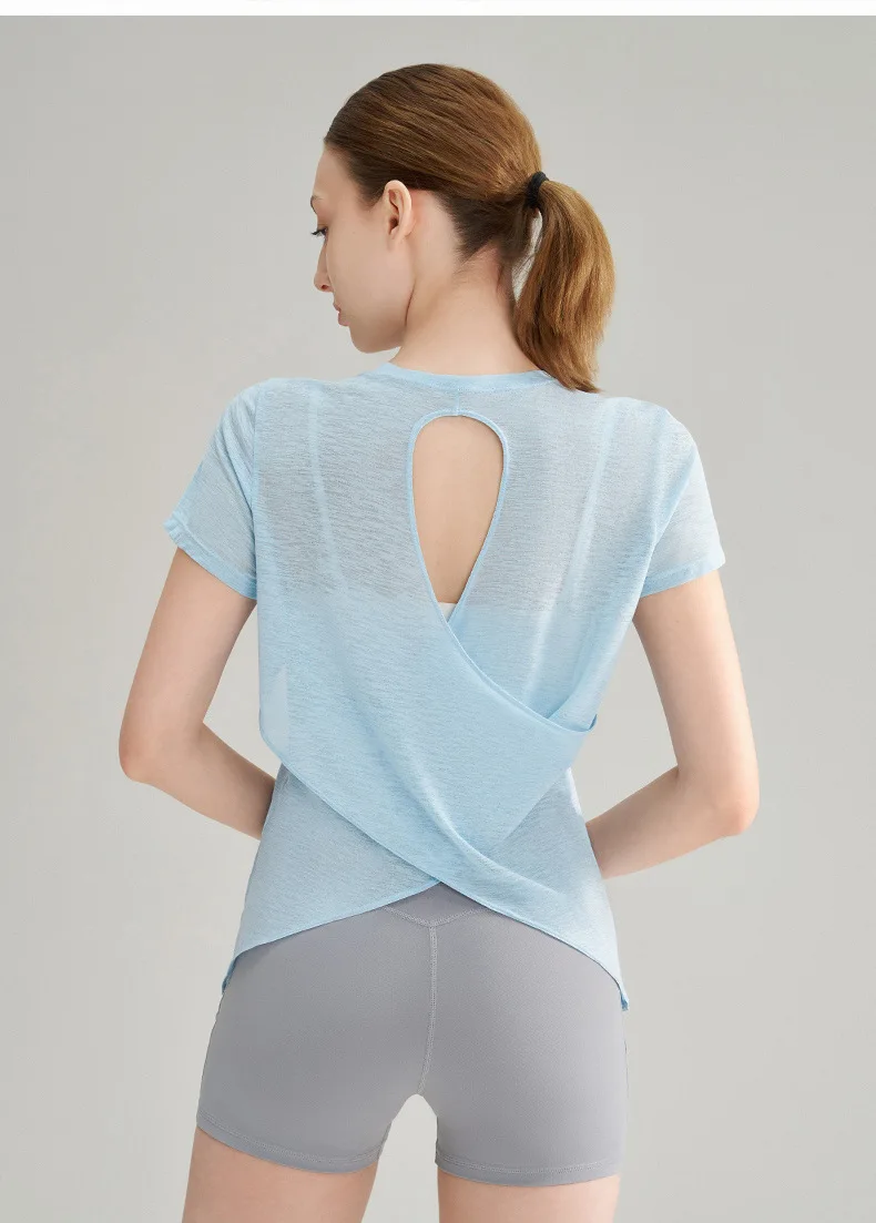 Bambusgarn-Sport-T-Shirt mit schönem Rückendesign, Yoga-Kleidung, Oberteil, schnell trocknendes Fitness-Shirt mit kurzen Ärmeln – Detail 13