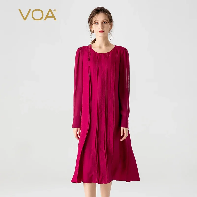 

(Fans Exclusive Discount) VOA Silk Jacquard Wine Red O-neck Dresses Women Long Sleeve Good Quality Loose Pleated Dress AE1901