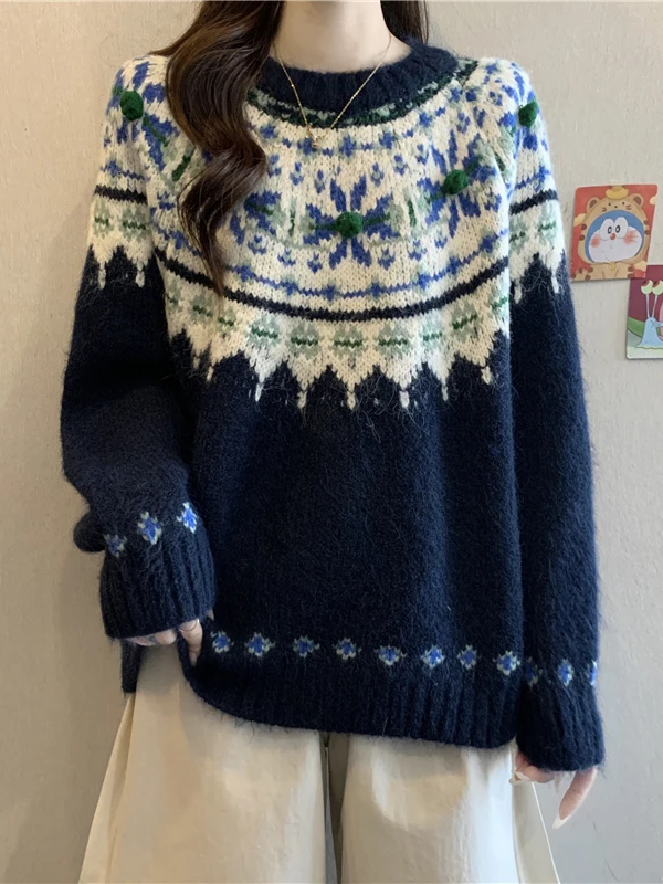

Женский вязаный свитер больших размеров в стиле Fair Isle, ретро, с цветными блоками, свободный крой, дышащий полиэстер
