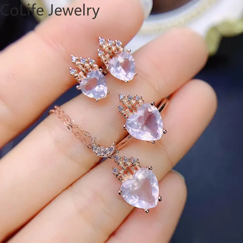 Fairytale Silver Castle Jewelry Set Total 4.6ct Natural Rose Quartz Ring Earrings Pendant 925 Silver Heart Gemstone Jewelry Set