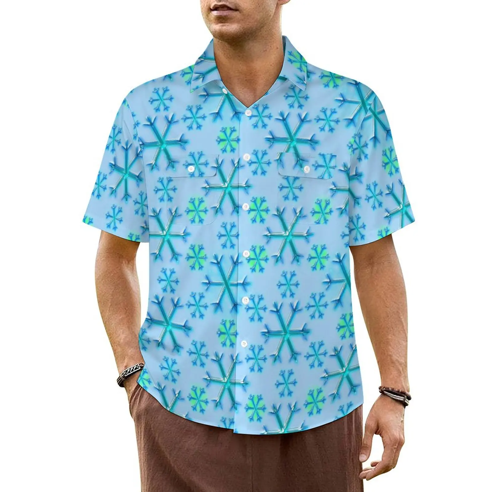 

Hawaiian Shirt Beach Snowflake Print Blouses Blue and White Retro Casual Shirts Man Short-Sleeve Streetwear Plus Size Clothing