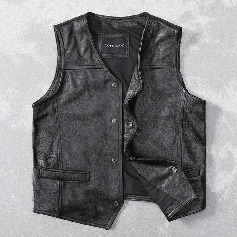 

Casual Black Men Cow Leather Vest V-Neck Slim Genuine Vests Mens Cowhide Waistcoat