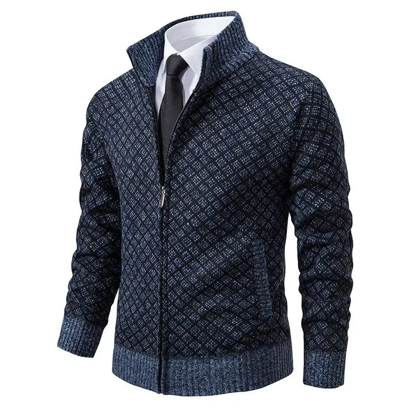 

Men's Plaid Jaet Stand up Collar Long Sve Polyester Fiber Briti Sle Casual Wear Breathable Fce Lined Knitted Sweater