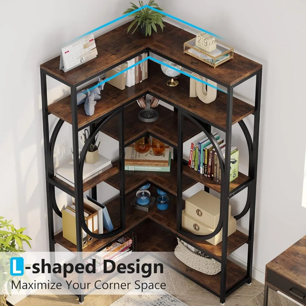 Large Modern 7-Shelf L-Shaped Corner Bookcase for Storage and Display