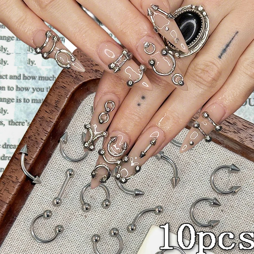 10Pcs Gothic Punk Piercing Metal Nail Charms Studs Detachable 3D Metallic Silver C-Ring Spike Alloy Nail Rivets Y2K Nail Decors