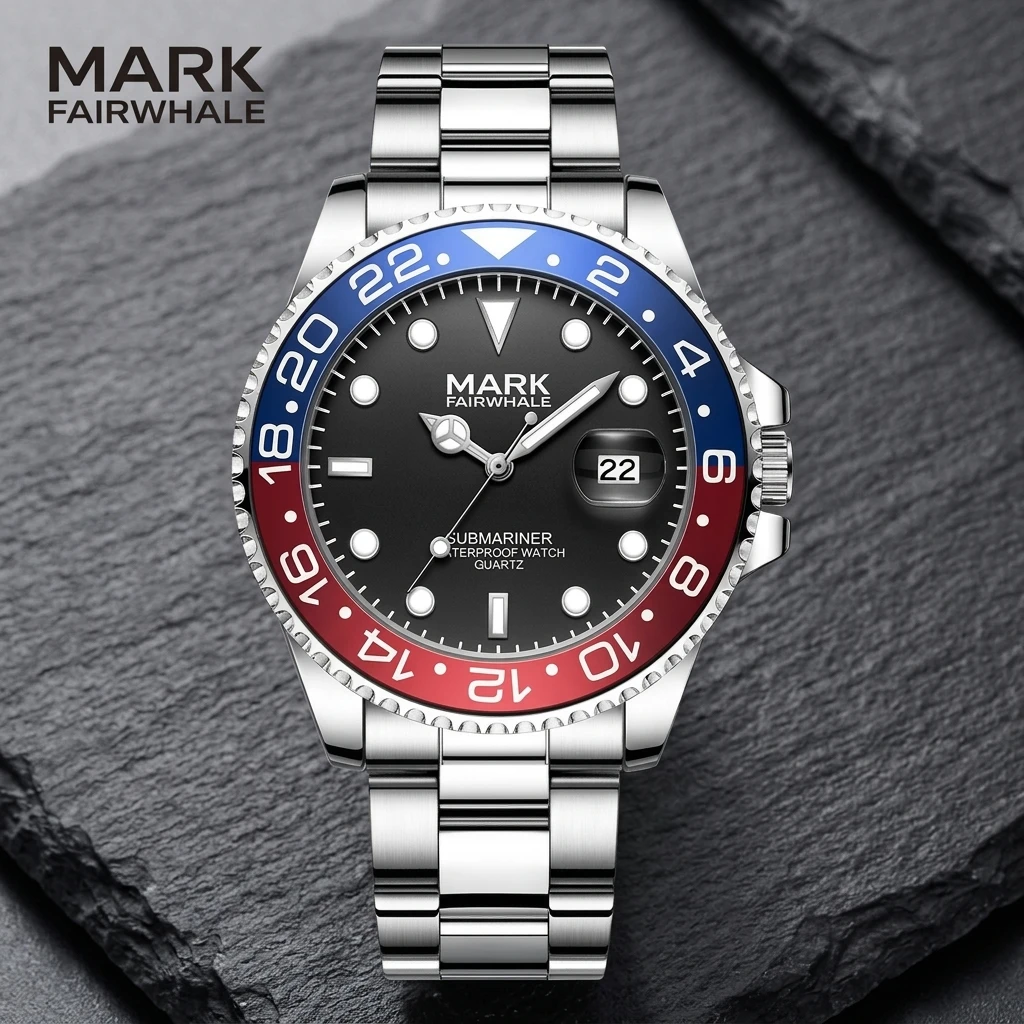 Mark Fairwhale Men Quartz Wristwatch Rotating Bezel Date Display Stainless Steel Bracelet Dive Style Watch Reloj Hombre