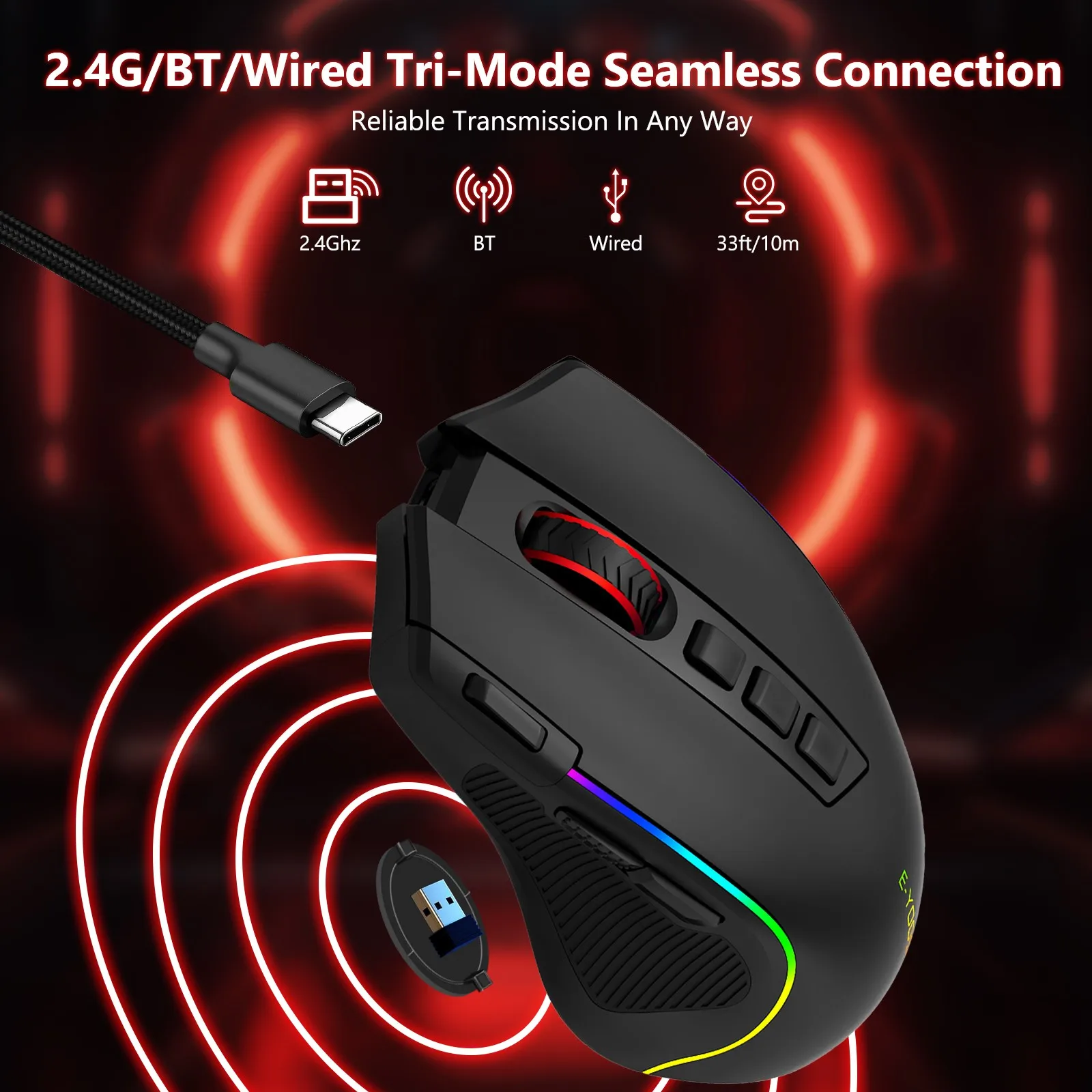 FocusOnPC 2.4G Wireless RGB Optical Gaming Mouse, 8000 DPI, Remappable Keys, Zero Latency Cable-Free Design, Custom Macro Keybindings, Vibrant Backlight & Ergonomic Comfort Grip