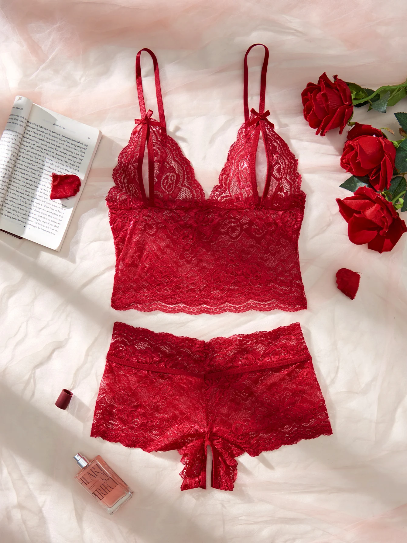 

Women Floral Sexy Lingerie Set, Perspective Bra And Crotchless Panties Sets, See Through Erotic Outfits, Valentine's Day Gift