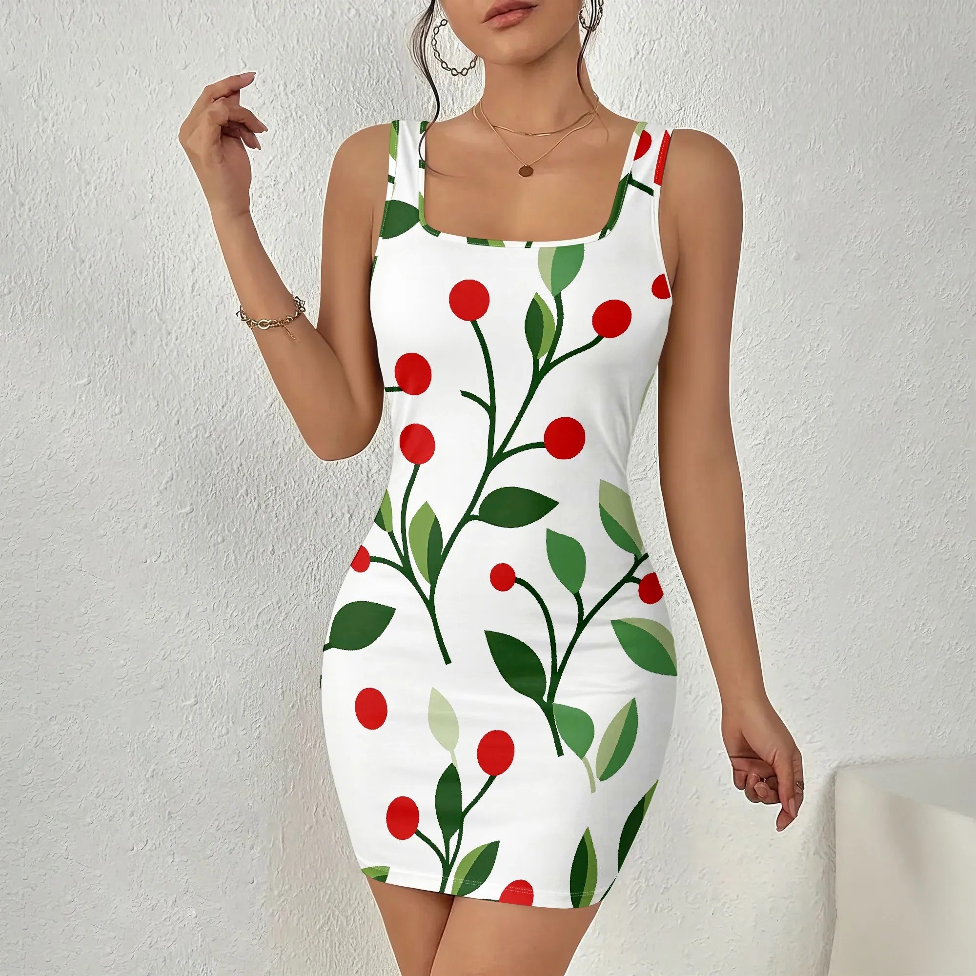 

Cherry Print Mini Dress, Sleeveless Bodycon Sundress, Square Neck Summer Party Dress for Women, Casual Beach Wear, S-2XL