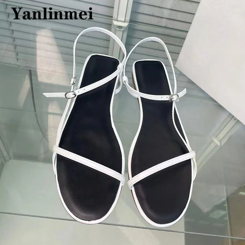 Summer Sandals Woman Genuine Leather Narrow Band Party Shoes Holiday Casual Comfort Flat Sandals Sandals Women Sandalias Mujer