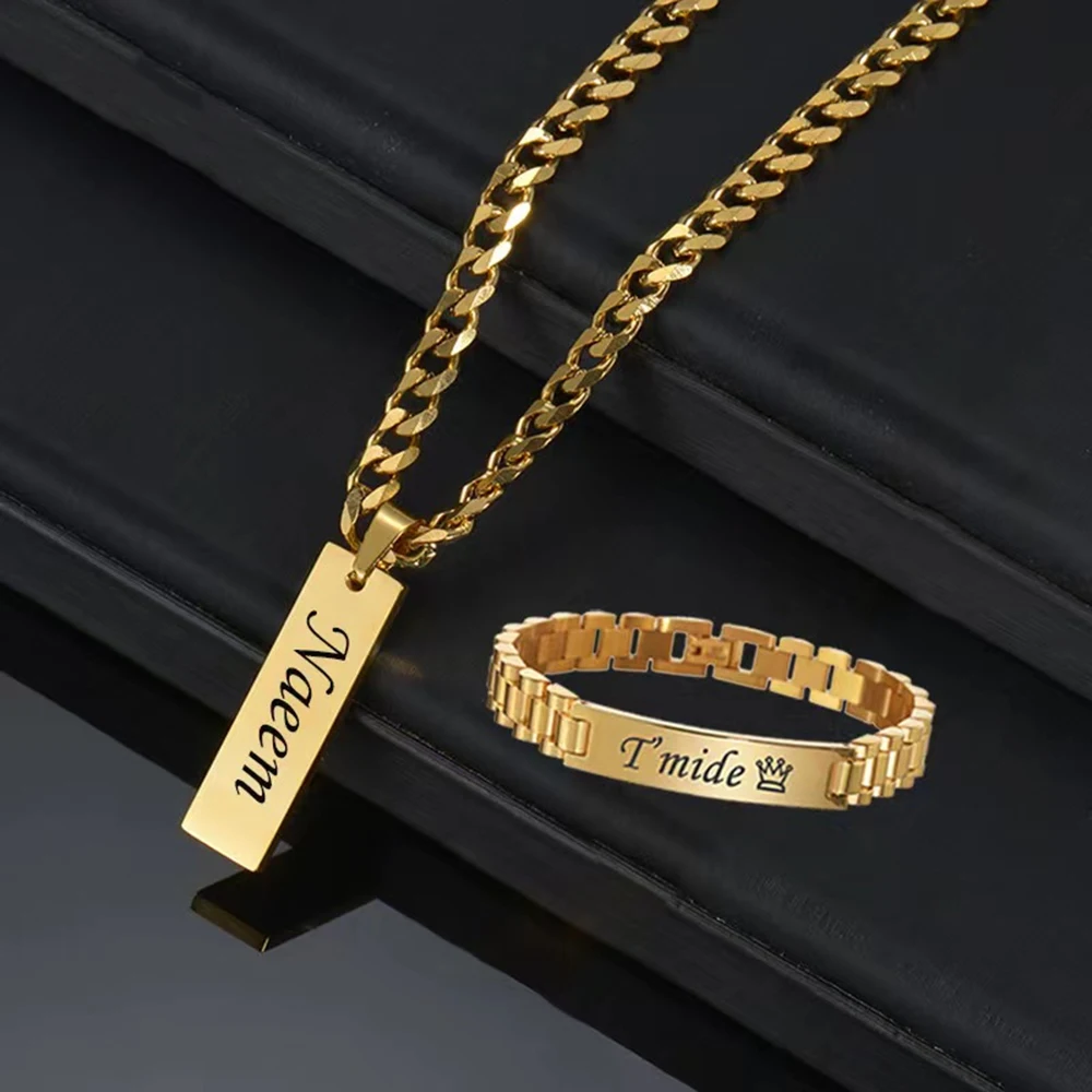 

2023 Custom Engrave Name Necklace Bracelet Set Jewelry Stainless Steel Personalized Text ID Bracelet Men Women Christmas Gifts