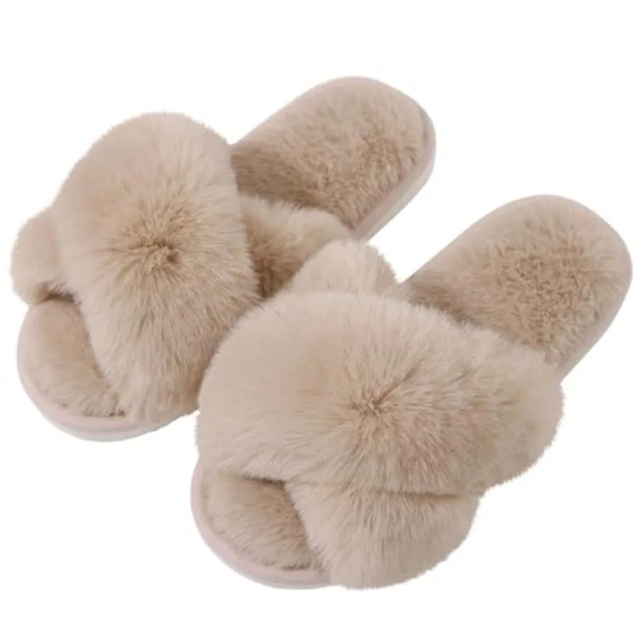 Evshine Memory Foam Fuzzy House Slippers for Women Faux Fur Cross Band Open Toe Indoor Slippers, Gifts for Women, Moms and Brid