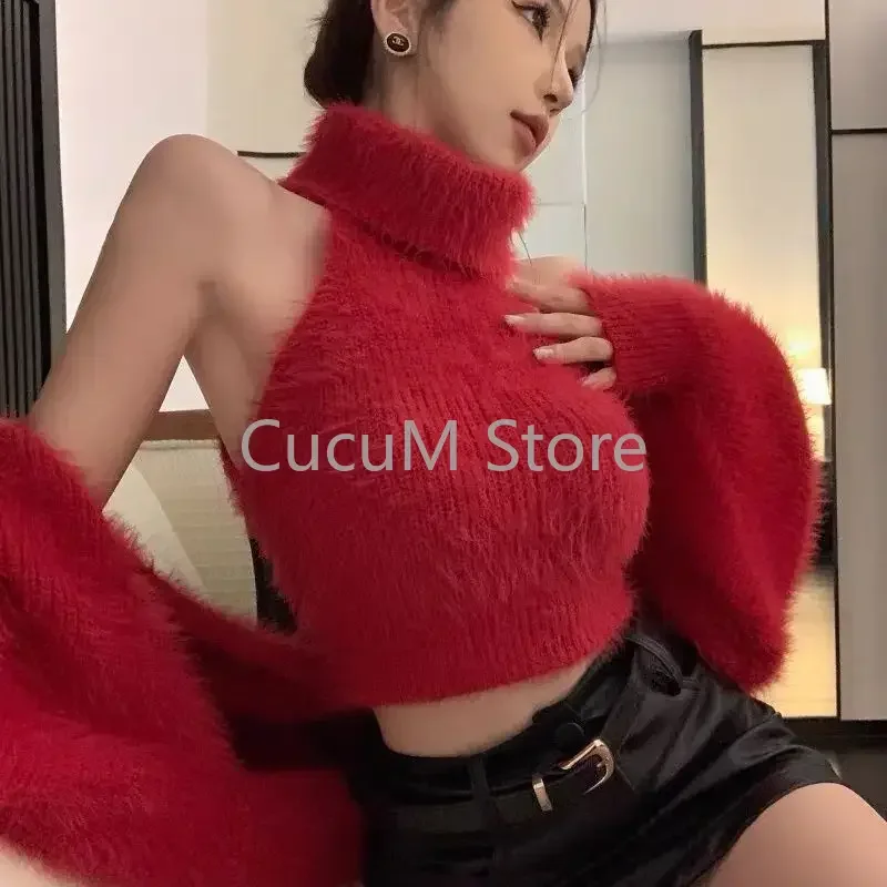 2024 New Autumn Winter Grunge Two Pieces Set Women Y2k Fashion Cardigan Coats Fluffy Pullovers Sweaters Cropped Cloth Solid Vest