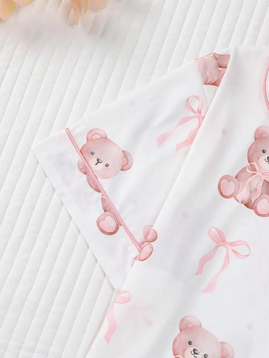 

Womens Teddy Bear Print Sleepwear Set Short Sleeve Shirt And Elastic Shorts