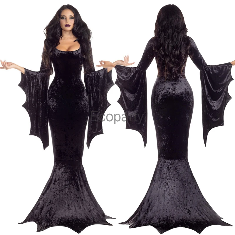 2024 Women Witch Costume Vintage Black Gothic Morticia Mermaid Dress Female Halloween Vampire Bride Cosplay Cosplay Outfit Robe