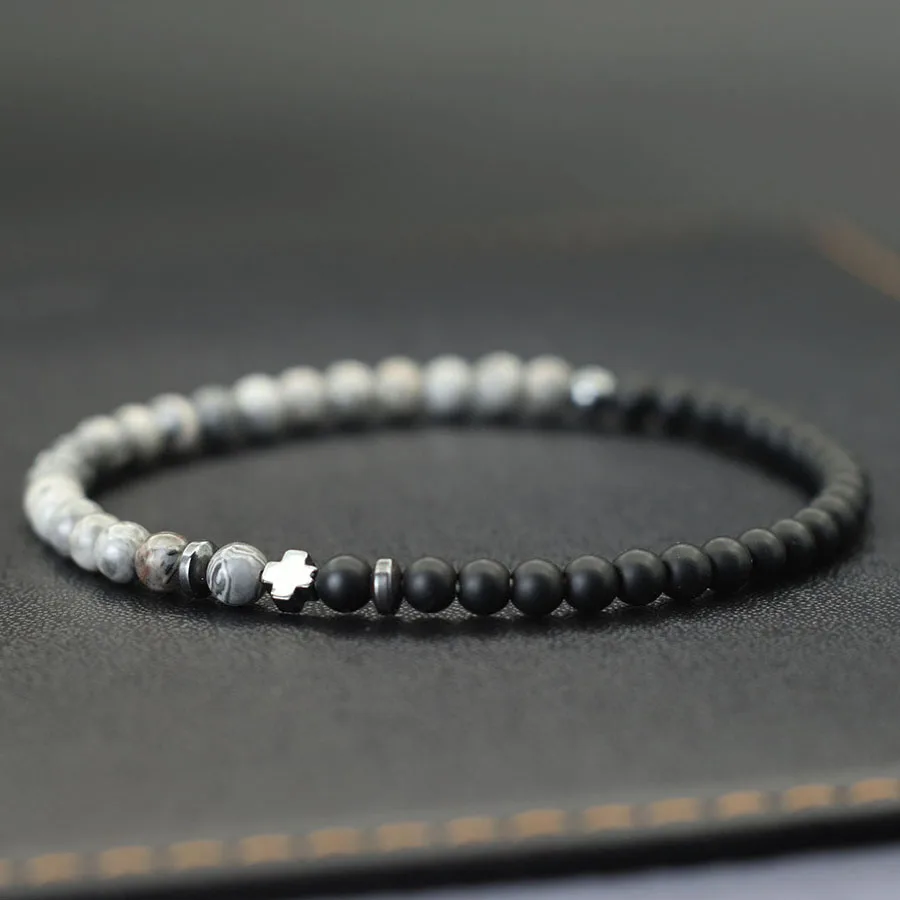 Bicolor Naturstein 4mm Perlen Armband Männer Hämatit Kreuz elastische Schnur Onyx Türkis Fossil handgemachte Perlen Armband Joias