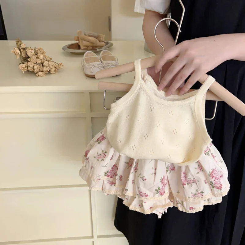 Summer Kids Clothes Girls Fashion Sweet French Cute Knit Camisole Vest Lace Shorts Skirt 2 Piece Set Toddler Girl Boutique Set