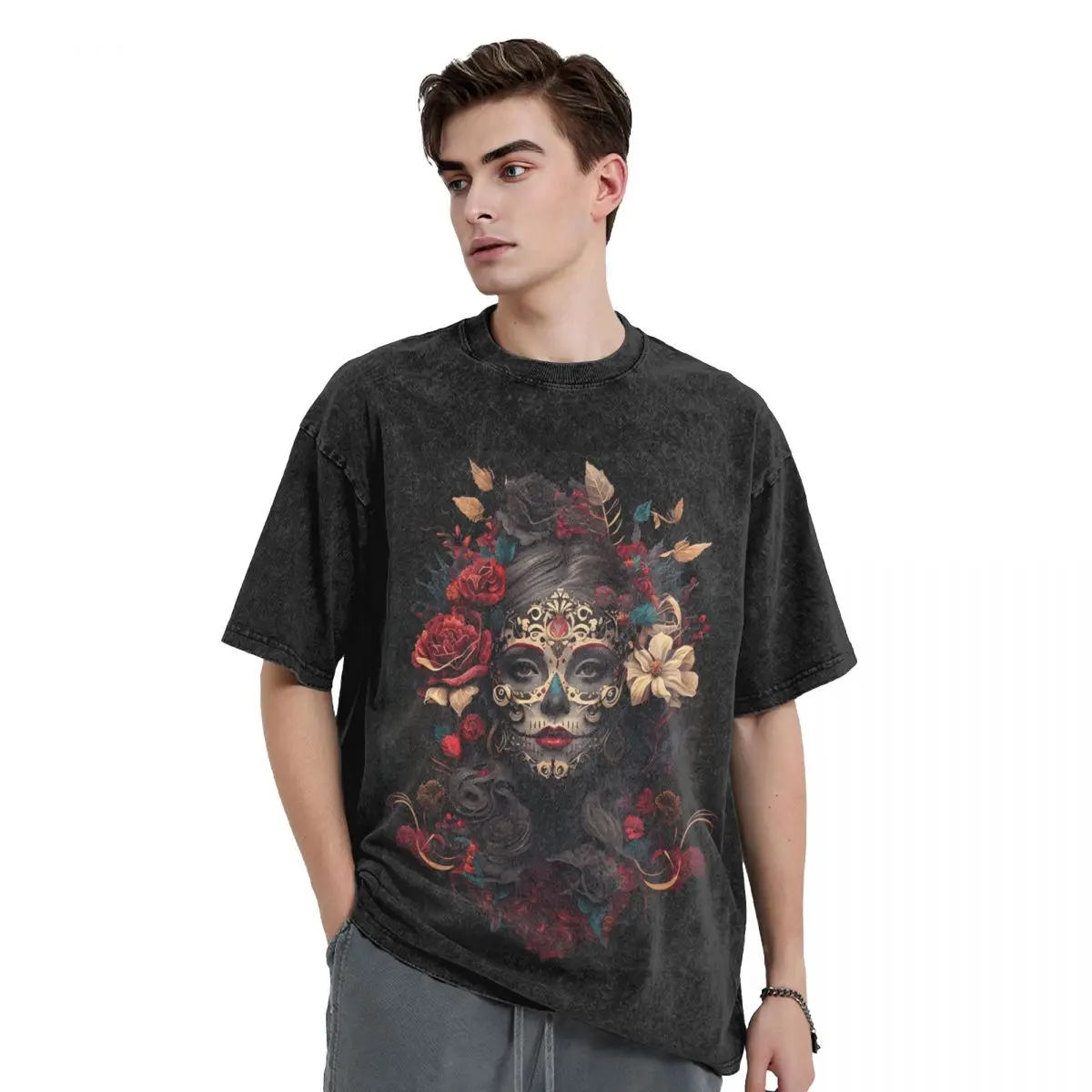 Mexican Catrina Girl Day Of The Dead Sugar Skull Washed T Shirts Oversized Short Sleeve Hip Hop T-Shirt Streetwear Tops Tees