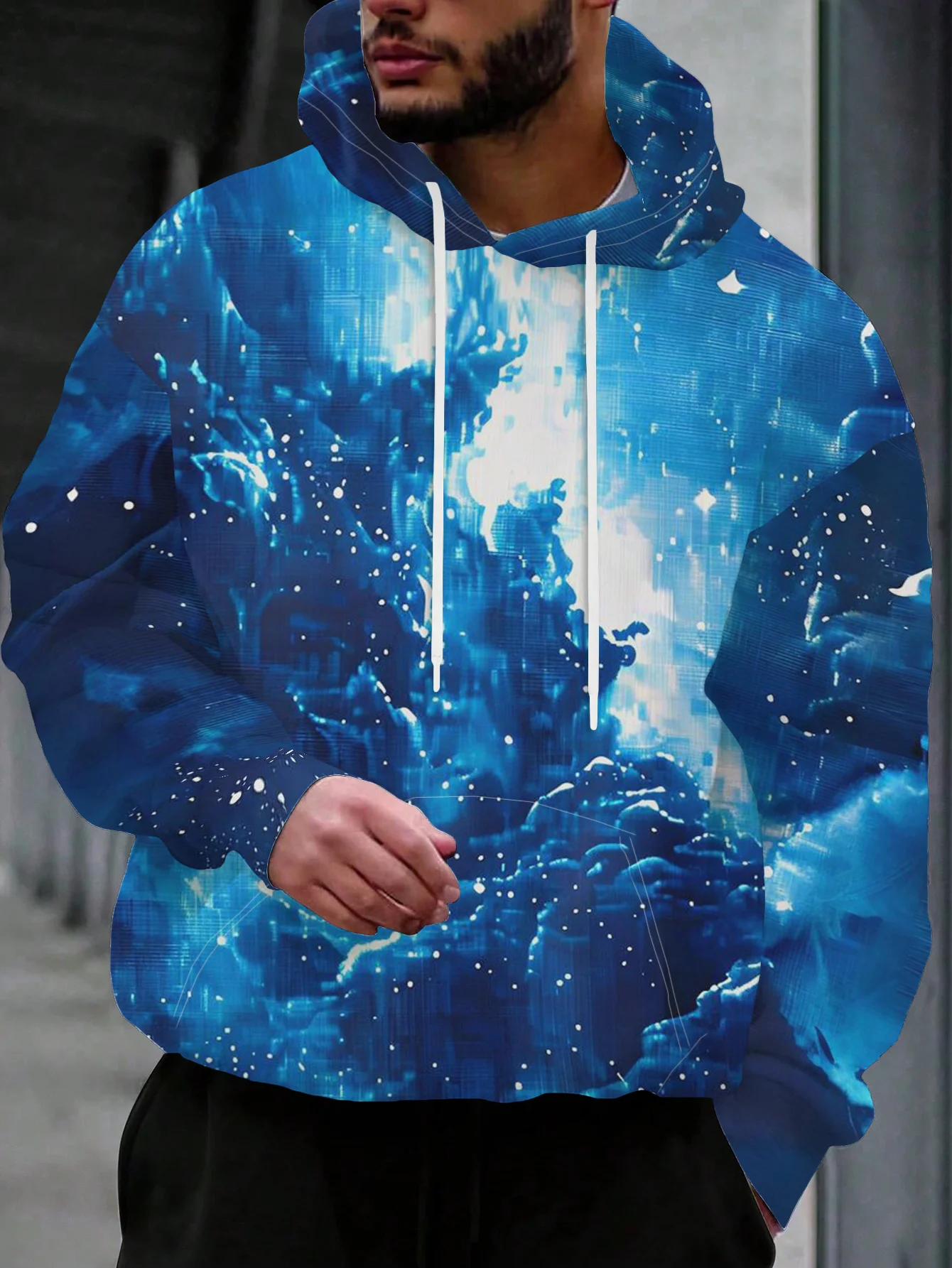 Men Blue Abstract Ocean Wave Star 3D Print Hoodie Splash Water Art Long Sleeve Casual Oversized Hooded Pullover